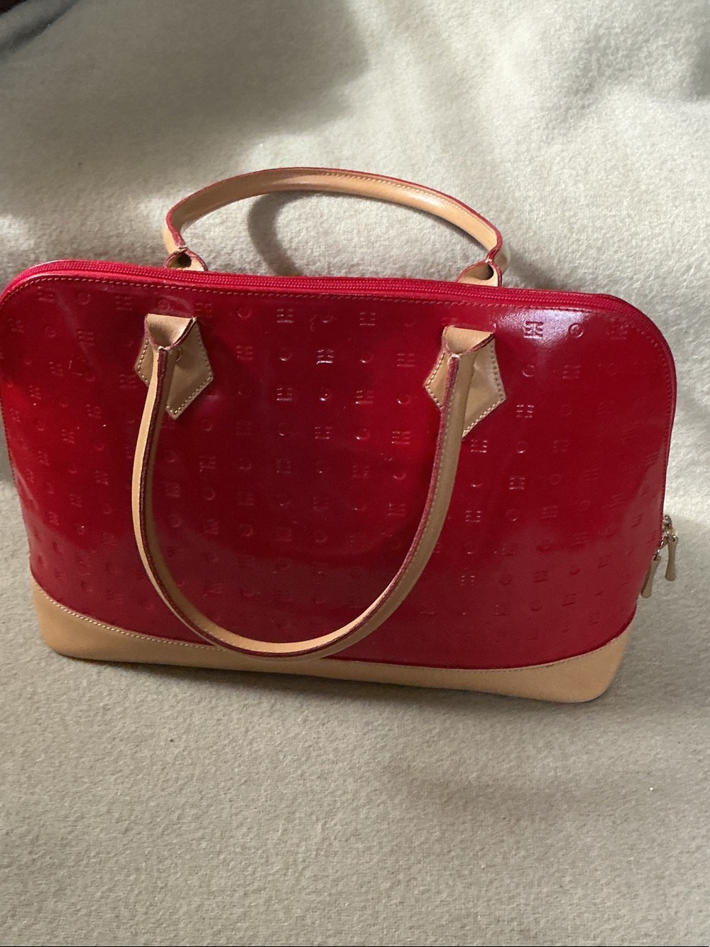 Arcadia Red Patent Satchel with Tan Trim